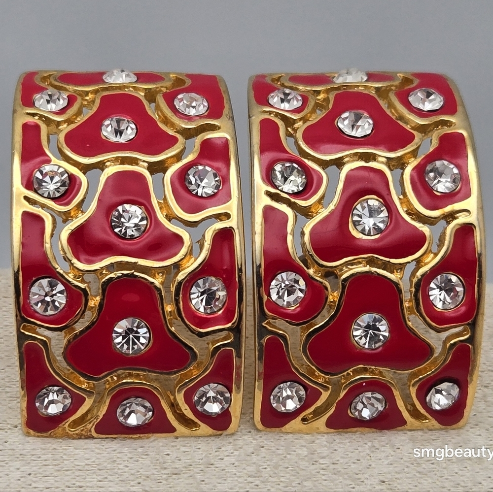 Red Enamel & Rhinestone Hoop Earrings Sparkly Statement Gorgeous
